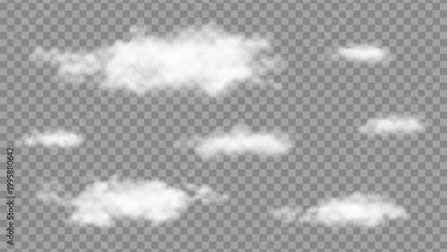 Set of realistic white clouds on transparent background. Isolated collection of fluffy cumulus clouds. Vector illustration of weather elements for sky design and digital compositions.
