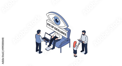 Isometric Illustration of Eye of Excellence Concept with People.