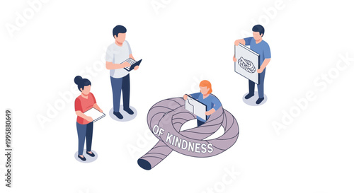 Isometric Illustration of People Analyzing Magnifying Glass for Business.