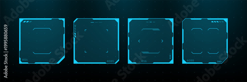 Blue futuristic hud interface display frames. Set of square digital monitor elements for data analysis. Virtual reality technology design for software engineering and gaming gui.