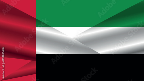 Abstract waving flag of the United Arab Emirates with realistic silk texture and geometric polygon elements.