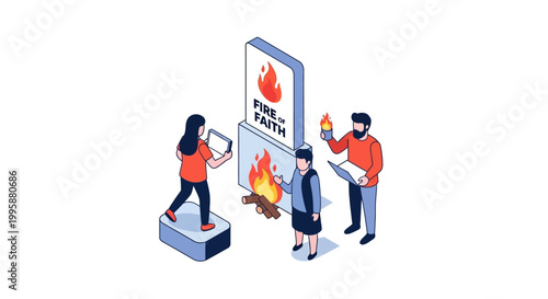 Isometric illustration of people and a fireplace with a fiery logo.
