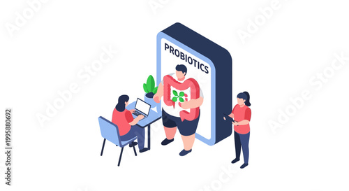 Isometric illustration of people and a probiotics advertisement.