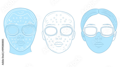 Three head illustrations One with a mask, one with spots, and one with hair