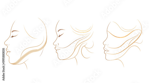 Three profile illustrations of a woman with closed eyes and flowing hair, drawn with gold lines
