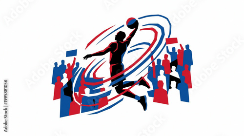 Abstract illustration of a basketball player dunking with a cheering crowd