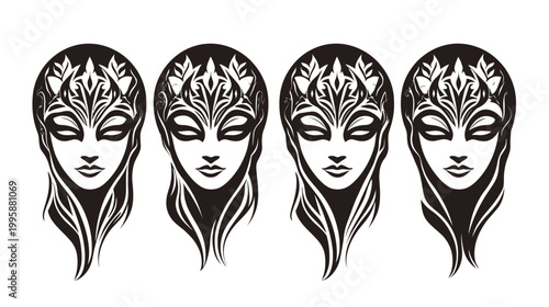 Silhouettes of stylized faces, each with elaborate head ornaments. The faces are symmetrical and serene