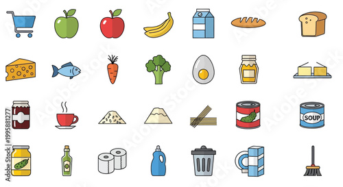 Colorful icons depicting various grocery items food and household essentials