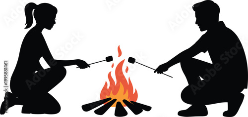 couple roasting marshmallows over campfire silhouette vector illustration, camping outdoor activity romantic night scene design
