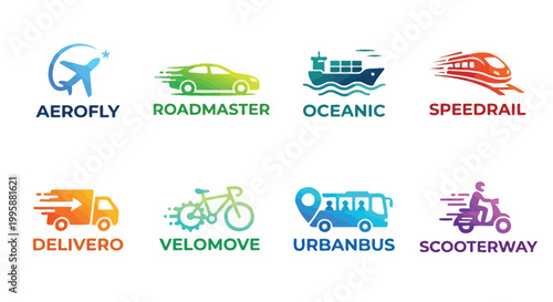 Collection of colorful transportation logos with corresponding brand names