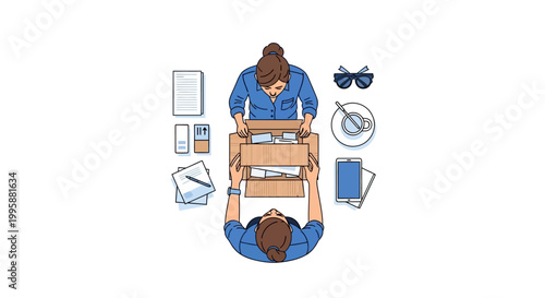 Vector illustration depicting two business professionals collaborating on a project handover, symbolizing task transfer and efficient team deployment in an office environment