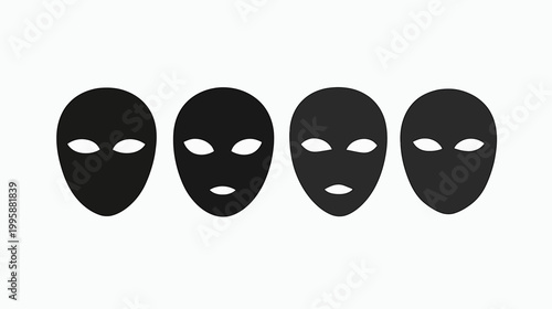 Four black alien-like mask silhouettes with white eyes and small mouth details