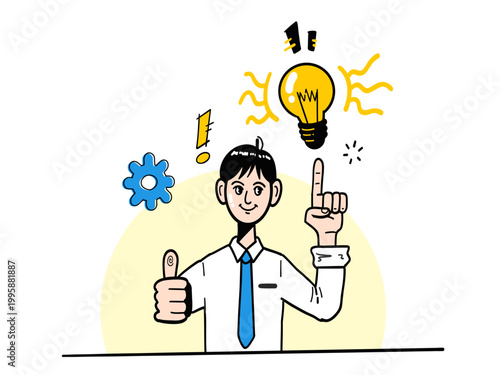 Cartoon Businessman with Idea - Vector illustration of smiling office worker giving thumbs up and pointing at glowing lightbulb. Ideal for creativity, innovation, and business success concepts