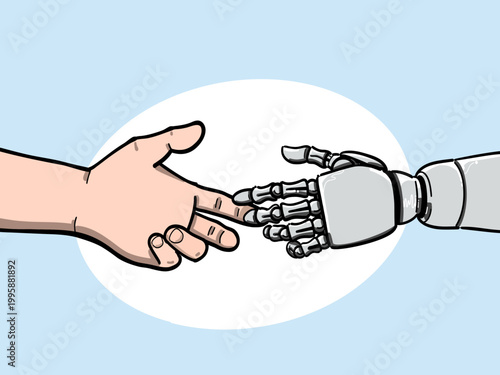 Human and Robot Handshake - Vector illustration of human hand touching robotic hand. Ideal for AI, technology, partnership, and future collaboration concepts