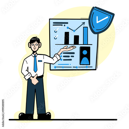 Cartoon Businessman Presenting Dashboard - Vector illustration of office worker showing charts, checkmarks, and security shield. Ideal for business, data, success, and protection concepts