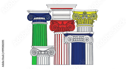 Colorful Classical Greek Columns Collage, Ancient Architecture Elements
