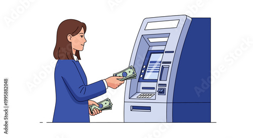 Vibrant Vector illustration of a woman successfully completing a cash withdrawal at an automated teller machine, emphasizing accessible banking services