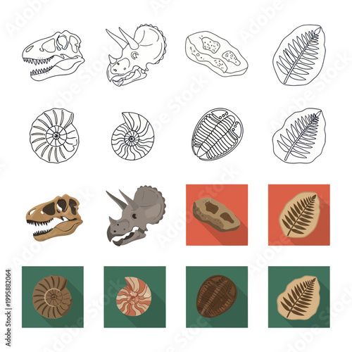 Dinosaur Fossil, Ammonite, Trilobite, Fern Fossil Icons - Set
