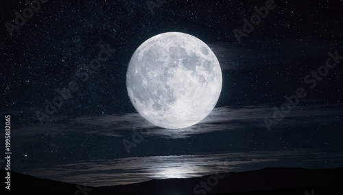 Dramatic Full Moon over a Serene Landscape with Starry Night Sky