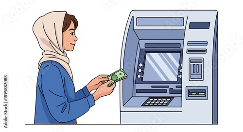 Dynamic Vector Illustration Depicting a Woman Effortlessly Performing an ATM Cash Withdrawal, Highlighting Financial Transactions and Modern Banking Technology