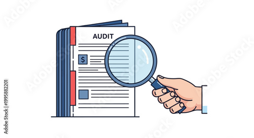 Vector graphic of financial audit document review using a magnifying glass, essential for banking loan assessment and expert financial consultation