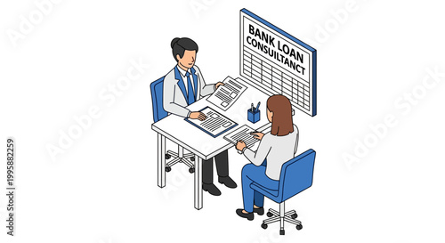 Vector Illustration of a Bank Loan Consultancy Meeting with a Client Discussing Financial Documents and Offering Expert Advice