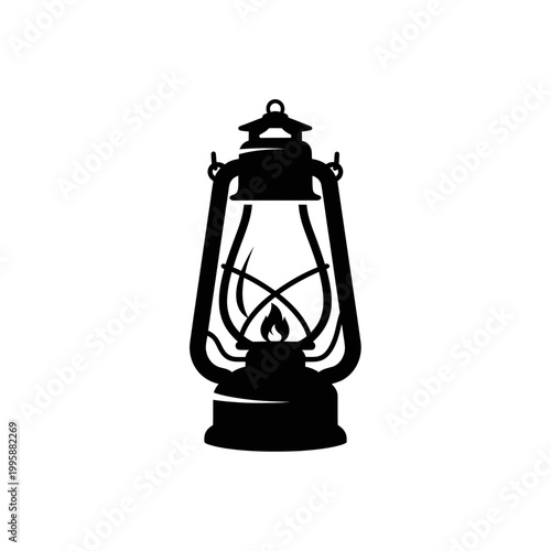 Vintage kerosene lantern silhouette, old oil lamp icon, rustic lighting symbol