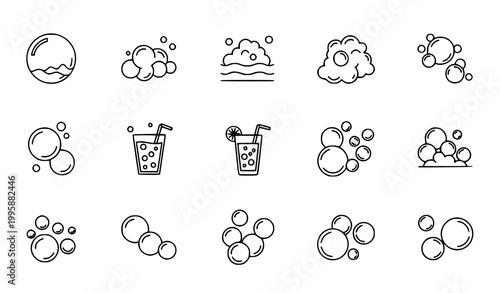 Thin line bubble and foam icons set editable stroke minimal outline water and soap symbols collection isolated on white background
