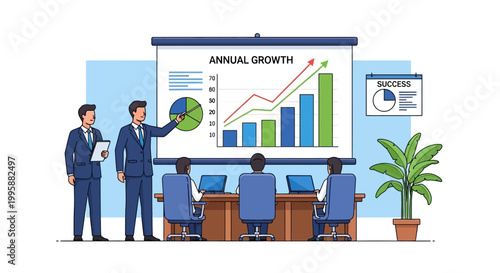 Vector illustration depicting a dynamic business meeting where professionals analyze annual growth data and discuss future financial success strategies