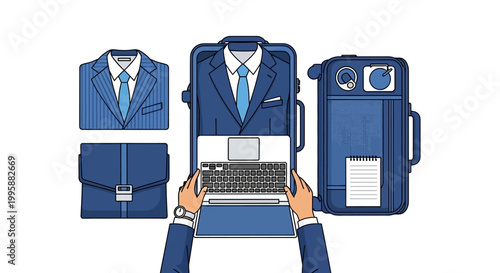 Vector illustration of a businessperson's travel essentials for remote work, featuring a laptop, briefcase, suit, and luggage, symbolizing digital nomadism and mobile office solutions