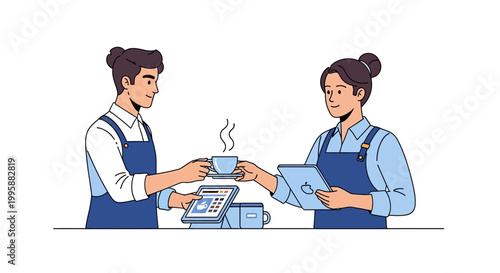 Vector illustration of coffee shop transaction showing barista serving customer with coffee and tablet, perfect for business and lifestyle concepts