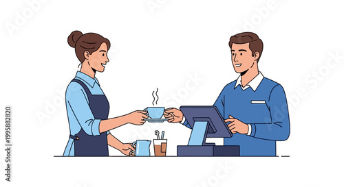 Vector Illustration of a Barista Handing a Coffee Cup to a Customer at a Counter, Cafe Transaction Scene