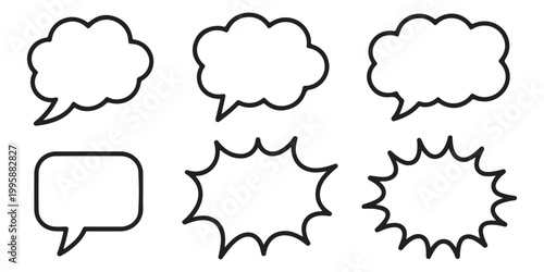 Set of diverse hand drawn speech bubbles and thought clouds in thick outline style for comic storytelling messaging and creative design communication art.