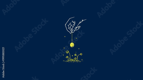 A sketched hand holding a coin above flowers on a dark blue background. Seeds are growing