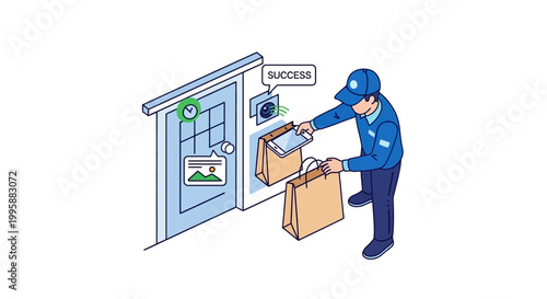 Vector illustration of a professional courier successfully completing a home delivery at a residential doorstep, symbolizing efficient logistics and a reliable fulfillment campaign