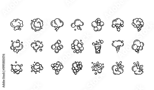 Minimal bubble and foam line icons horizontal set editable stroke outline liquid and cleaning symbols isolated on white