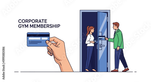 Vector illustration Corporate gym membership, efficient, streamlined access for employees to fitness facilities via a modern card system, promoting corporate wellness