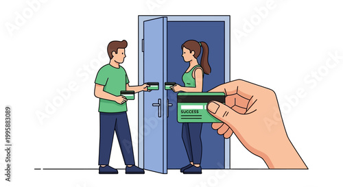 Vector illustration showing individuals exchanging membership access cards at a secure entrance, ideal for corporate facility management, modern gym entry, or exclusive club authentication systems