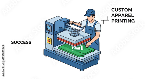 Vector illustration Worker operates a heat press machine for custom apparel printing, symbolizing efficient personalized garment production