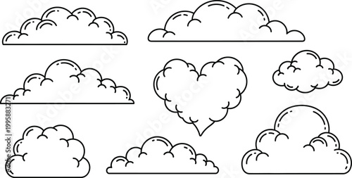 Sketchy clouds collection heart shaped and fluffy white shapes