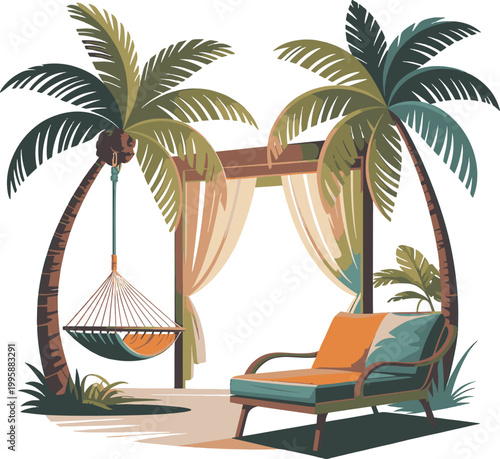 Tropical beach cabana with hammock and lounge chairs vector illustration
