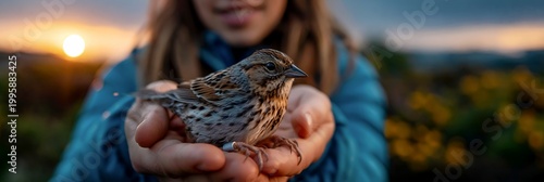 Bird migration research with biologist banding a songbird at sunrise