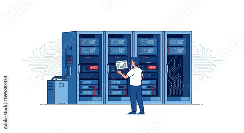 Computer network vector illustration of data center with engineer analyzing charts and graphs on screen