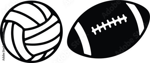 volleyball and american football icons vector illustration, sports ball symbols simple black silhouette design
