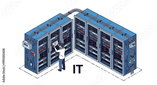 IT Professional Working in a Data Center with Server Racks, Vector Illustration