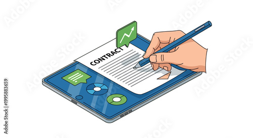 Digital Contract Signature Vector Illustration - Hand Signing Document on Tablet Screen with Graphs and Icons