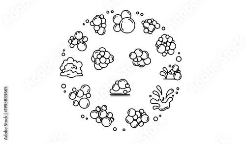 Modern bubble and foam thin line icons collection editable stroke minimal liquid and soap symbols isolated on white background