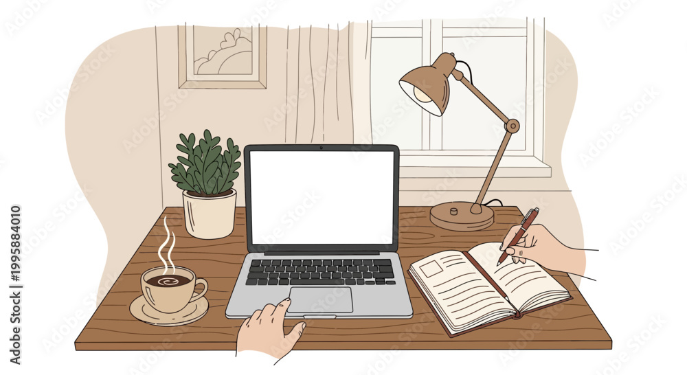 Fototapeta premium Cozy Home Office Setup: Laptop, Coffee, Notebook, and Desk Lamp for Productive Work