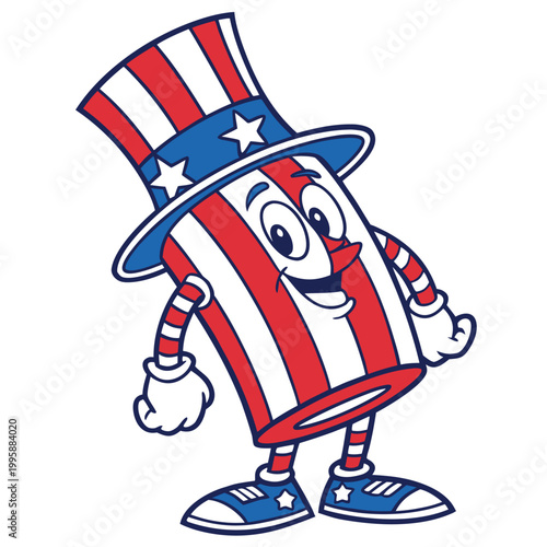 Patriotic cartoon character in red white and blue star spangled hat and shoes