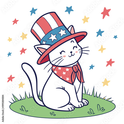 Patriotic white cat wearing American flag hat and bandana on grass with colorful stars